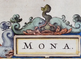Delfines, frontispicio estilo Roquaille. Detalle del Atlas de W. Blaeu, Ámsterdam 1650