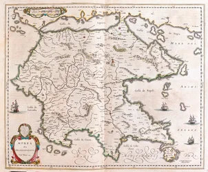 Grecia, Peloponeso, en "Theatrum Orbis Terrarum, sive Atlas Novus" de Willem Blaeu, Amsterdam