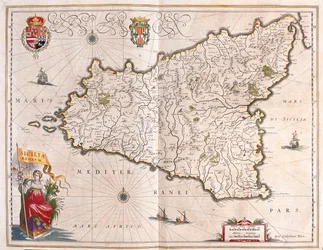 Isla de Sicilia, Italia, en "Theatrum Orbis Terrarum, sive Atlas Novus" de Willem Blaeu, Amsterdam