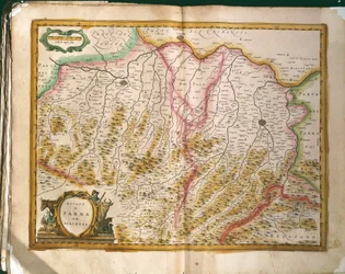 Mapa del Ducado de Parma, grabado de Regionum Italiae por Willem Blaeu, impreso en Italia