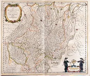 Módena, Reggio Emilia, Carpi, parte final de Garfagnana, Italia, en "Theatrum Orbis Terrarum, sive Atlas Novus" de Willem Blaeu, Amsterdam.