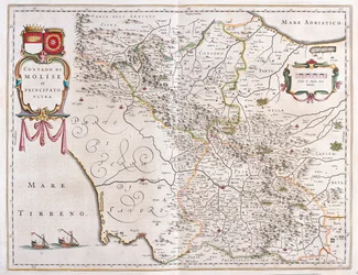 Molise, Benevento, Avellino, Italia, en "Theatrum Orbis Terrarum, sive Atlas Novus" de Willem Blaeu, Amsterdam.