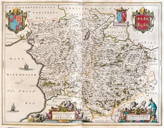 Montgomery y merioneth, en "Theatrum Orbis Terrarum, sive Atlas Novus" de Willem Blaeu, Amsterdam.