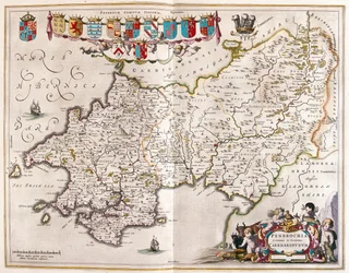 Pembrokrshire y carmarthenshire, en "Theatrum Orbis Terrarum, sive Atlas Novus" de Willem Blaeu, Amsterdam