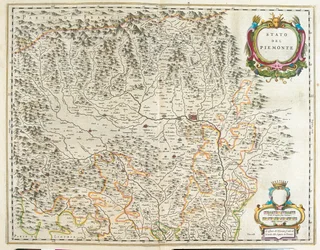 Piemont, Valle de Aosta y Liguria, Italia, en "Theatrum Orbis Terrarum, sive Atlas Novus" de Willem Blaeu, Amsterdam
