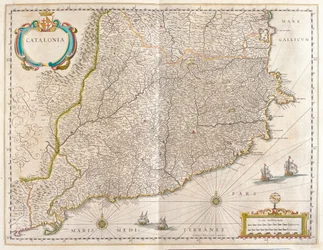 Provincia de Cataluña, España, en "Theatrum Orbis Terrarum, sive Atlas Novus" de Willem Blaeu, Amsterdam