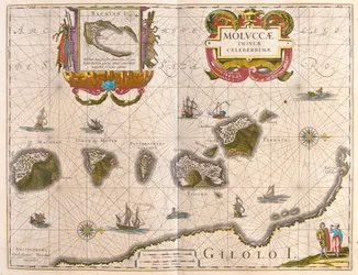 Islas de las Especias e Isla de Bachian (Batjan), en "Theatrum Orbis Terrarum, sive Atlas Novus" de Willem Blaeu, Amsterdam.