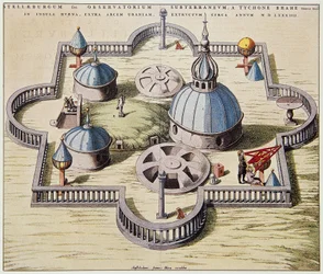 Stelleburgum sive Observatorium Subterraeum, observatorio astronómico subterráneo en Stjerneborg (Castillo de las Estrellas), diseñado por Tycho Brahe, dibujo por Willem Blaeu, ca 1595