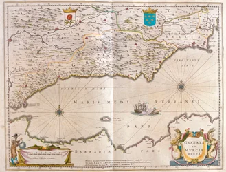 Desde el estrecho de Gibraltar hasta Alicante, pasando por el valle del Guagalquivir, Sevilla y la costa del norte de África, en "Theatrum Orbis Terrarum, sive Atlas Novus" de Willem Blaeu, Amsterdam.
