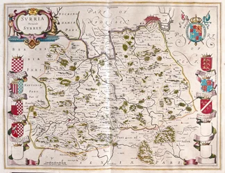 Surrey, en "Theatrum Orbis Terrarum, sive Atlas Novus" de Willem Blaeu, Amsterdam.