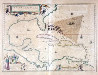 El mar Caribe: se puede ver el triángulo de las Bermudas entre el Archipiélago de las Bermudas, Miami y Puerto Rico. Según el Atlas de Wilhelm Blaeu