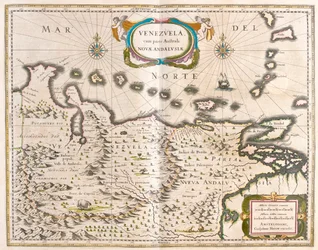 Venezuela, Trinidad, Tobago, Tortuga, Antillas , Caribe, en "Theatrum Orbis Terrarum, sive Atlas Novus" de Willem Blaeu, Amsterdam.