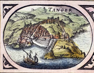 Vista de la ciudad fortificada de Tánger y la costa, Marruecos. Mapa del Atlas holandés por W. G. Blaeu, Ámsterdam