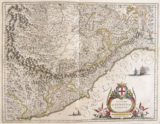 Riviera occidental de Liguria, Italia, en "Theatrum Orbis Terrarum, sive Atlas Novus" de Willem Blaeu, Amsterdam