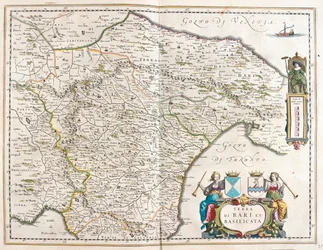 ciudad de Bari y Basilicata, Italia, en "Theatrum Orbis Terrarum, sive Atlas Novus" de Willem Blaeu, Amsterdam.