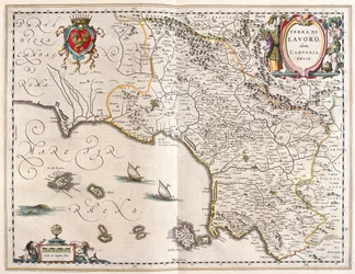 región de Campania, Italia, en "Theatrum Orbis Terrarum, sive Atlas Novus" de Willem Blaeu, Amsterdam