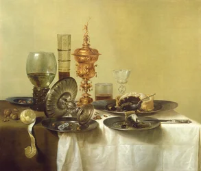 Una naturaleza muerta con vasos, platos y comida, 1638