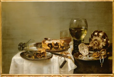 Mesa de desayuno con pastel de zarzamora (pintura sobre madera)