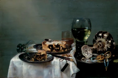 Mesa de desayuno con tarta de moras, pintura de Willem Claesz Heda (1594-1680), 1631, dimensiones 54 x 82 cm, Colecciones Estatales de Arte de Dresde, Dresde