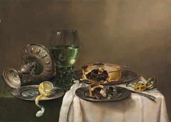 Bodegón de lujo, con un roemer, una tazza de plata volcada, un limón medio pelado sobre un plato de peltre, con una tarta, un reloj y un cuchillo, 1631