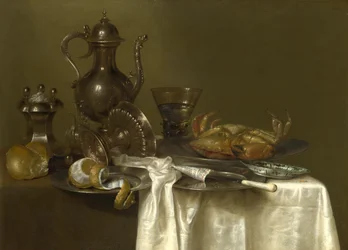 Naturaleza muerta: Vasijas de peltre y plata y un cangrejo, ca 1636