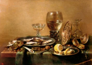 Bodegón compuesto de ostras, limón, vaso y vajilla de oro