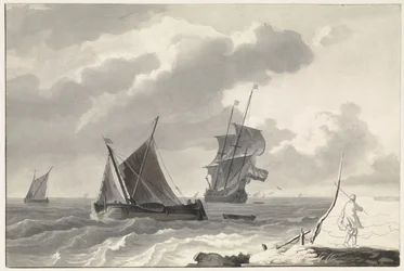 Barcos de vela en aguas agitadas frente a la costa