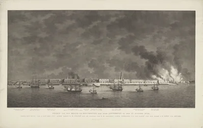 Vista de la Marca y Fusilamiento de la Ciudad de Amberes el 27 de octubre de 1830, bajo el mando de Z. Exc.e Luit.t Gener.l Baron D.H. chasis; con la posición de S.M. Escuadrón al mando del Capitán de Mar, Jonkh.r J.E. Lewe van Aduard (título en obj