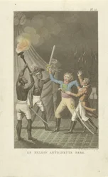 Dos figuras con espadas junto a dos hombres negros. La heroína Antoinette Berg (título en el objeto)