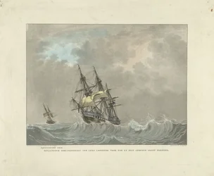 Velero en olas altas Adición de ladrillo. Fragata de guerra holandesa en busca de foque y mansail grande con rizos cerrados (título sobre el objeto)