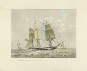 Barco de vela, balandro y barco piloto en el agua Corbeta de guerra estadounidense contra la costa holandesa poniendo el barco piloto esperando (título sobre objeto)