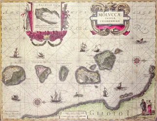 Mapa de las islas Molucas, grabado por Jodocus Hondius, 1630