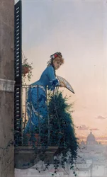 Una belleza elegante en un balcón mirando hacia Roma, con la cúpula de San Pedro en la distancia
