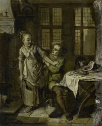 Escena galante en el interior de una cocina