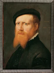 Retrato de hombre con barba y gorra (pintura sobre madera de roble)
