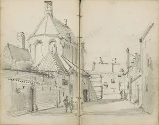 Calle de pueblo con una iglesia y figuras
