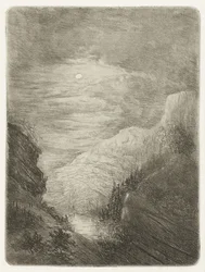 Paisaje de montaña con río a la luz de la luna