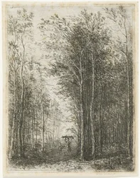 Paisaje forestal con recolectores de madera.