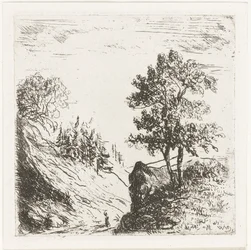 Paisaje montañoso con dos árboles en una roca