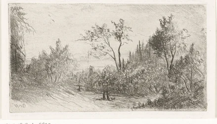 Paisaje montañoso con caminantes y perros al borde del bosque