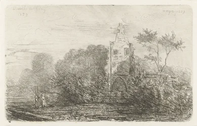 Paisaje con ruina y dos figuras.