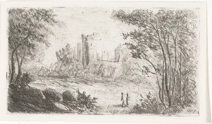 Paisaje con ruinas de castillo y dos figuras.