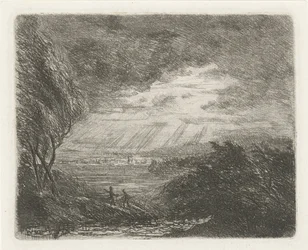 Paisaje con dos figuras en tormenta y lluvia
