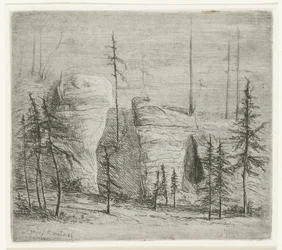 Paisaje rocoso con árboles de coníferas, el llamado Teufelkanzel Teufelkantzel Baxen (título sobre objeto)