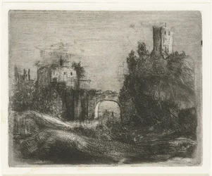 Paisaje sureño con puerta y torre sobre roca.