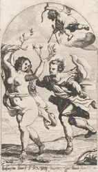 Dafne huyendo de Apolo, con Cupido sobre ella