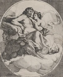 Júpiter y Juno sentados en nubes, con un águila sosteniendo rayos a la izquierda