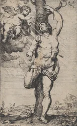 El martirio de San Sebastián, con ángeles coronándolo en la parte superior izquierda, ca. 1620-32