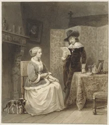 Interior histórico con una mujer sentada y un hombre de pie, leyendo