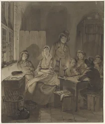 Interior con grupo de personas alrededor de la mesa a la luz de las velas
